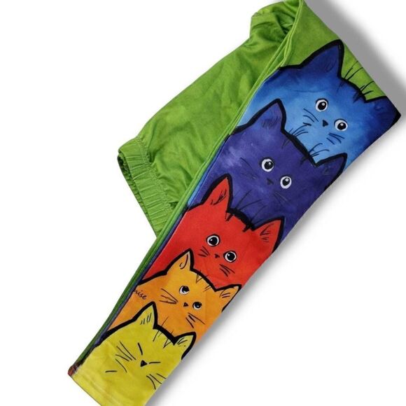 Womens Leggings Sz Small‎ Cats Design Colorful Green Stretch Exercise Activewear - Picture 5 of 14